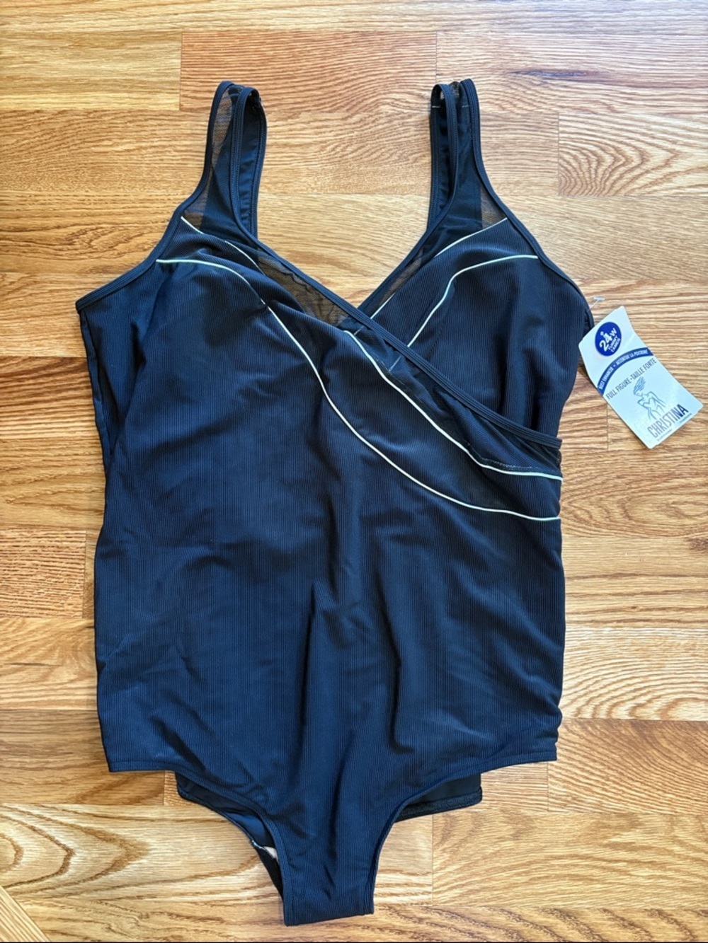 NWT Christina Black surplus one piece Swimsuit mesh Accents support coverage 24W